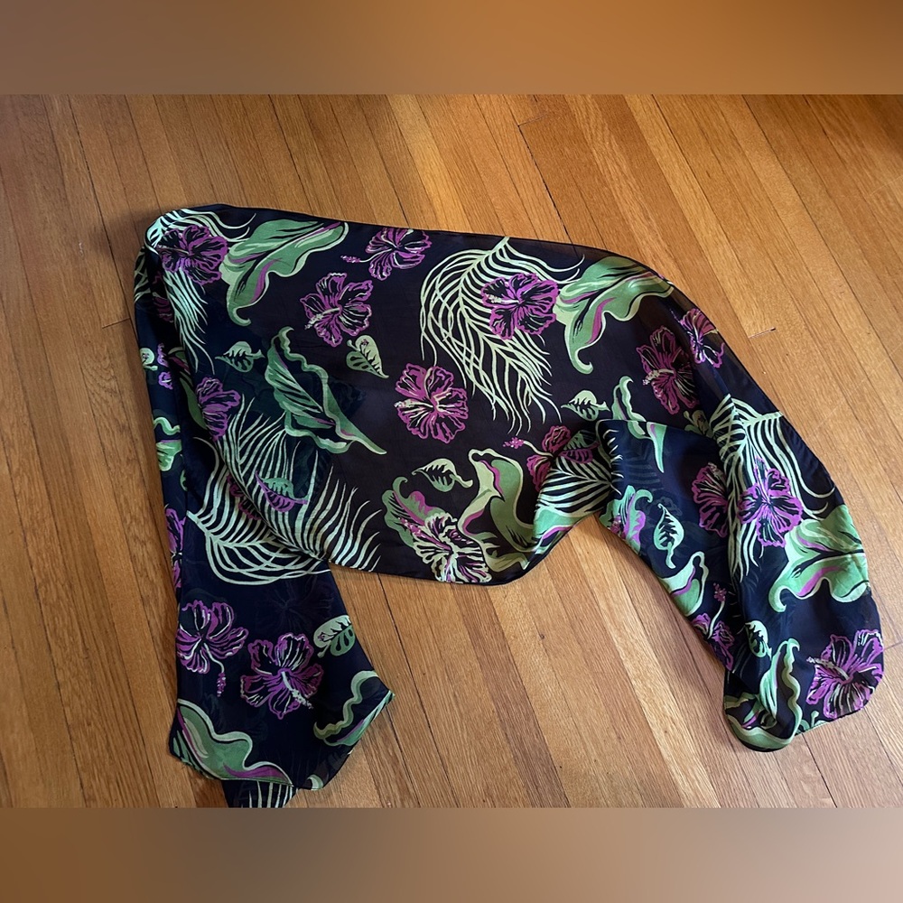 Vintage Zazou Hibiscus & Palm Frond Rayon Rectangle Scarf